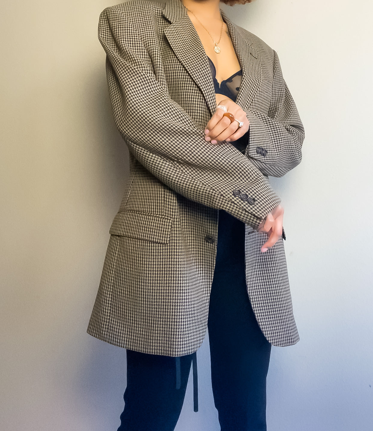 Vintage Taupe and Black Houndstooth Print Blazer (XL/XXL)