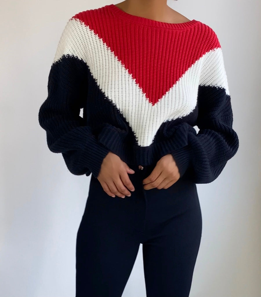 Color Block Red Black Crop Vintage Sweater(XL)