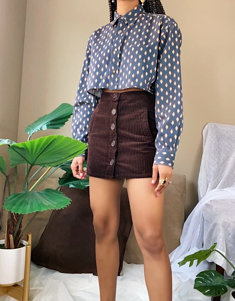 Brown Button Front High Waist Corduroy Skirt (S)