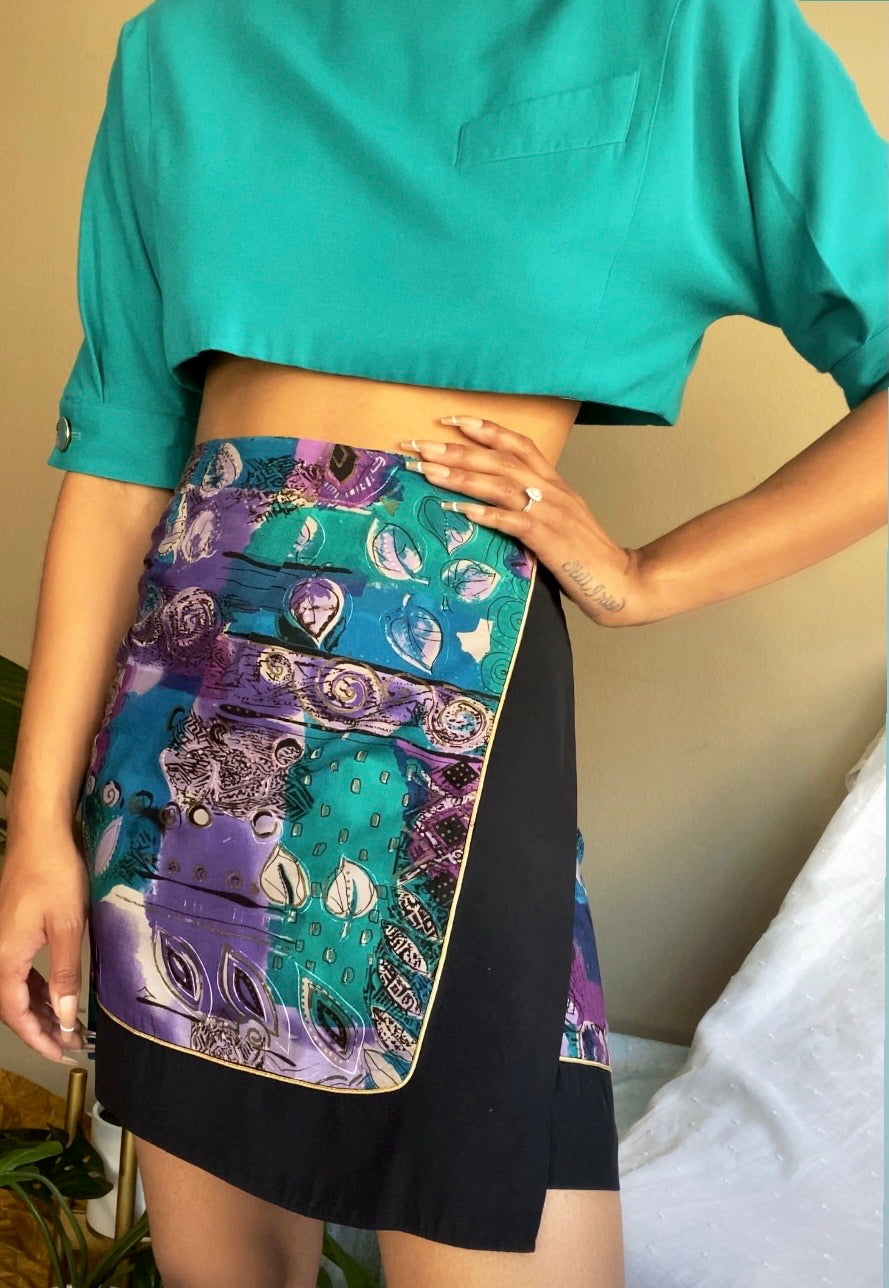 80’s Abstract Paisley Print Wrap Skirt Purple Multi  (S)