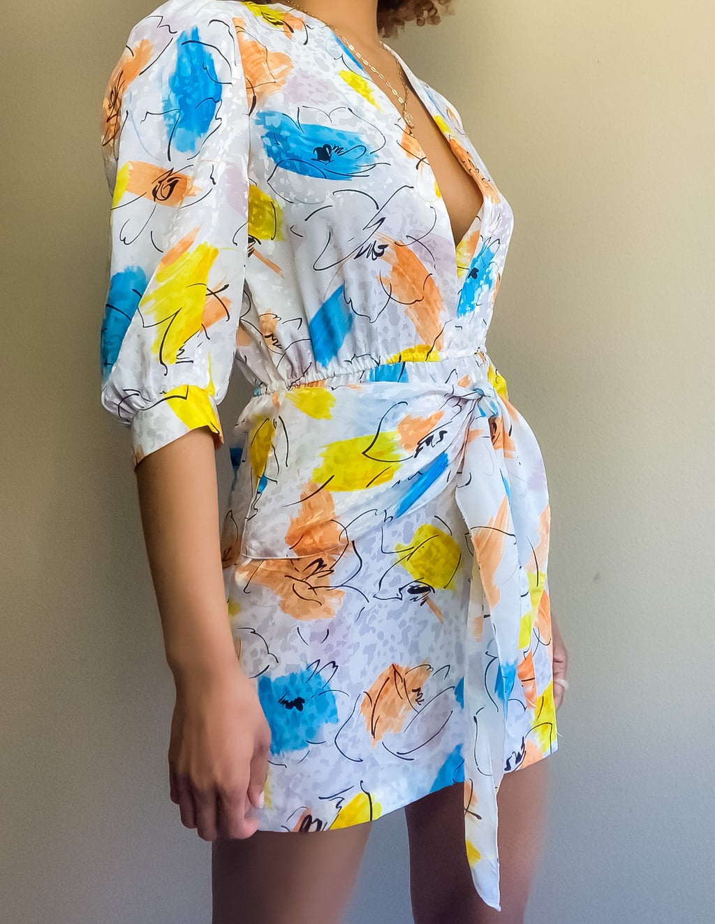 Multi Abstract Print Redesigned Silk V Neck Dress (S)