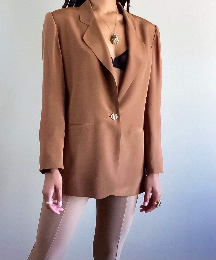 90s Vintage Brown Silk Blazer (L)