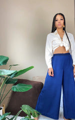 70’s High Waist Wide Leg Mid Crop Bohemian Navy Satin Pants M/L