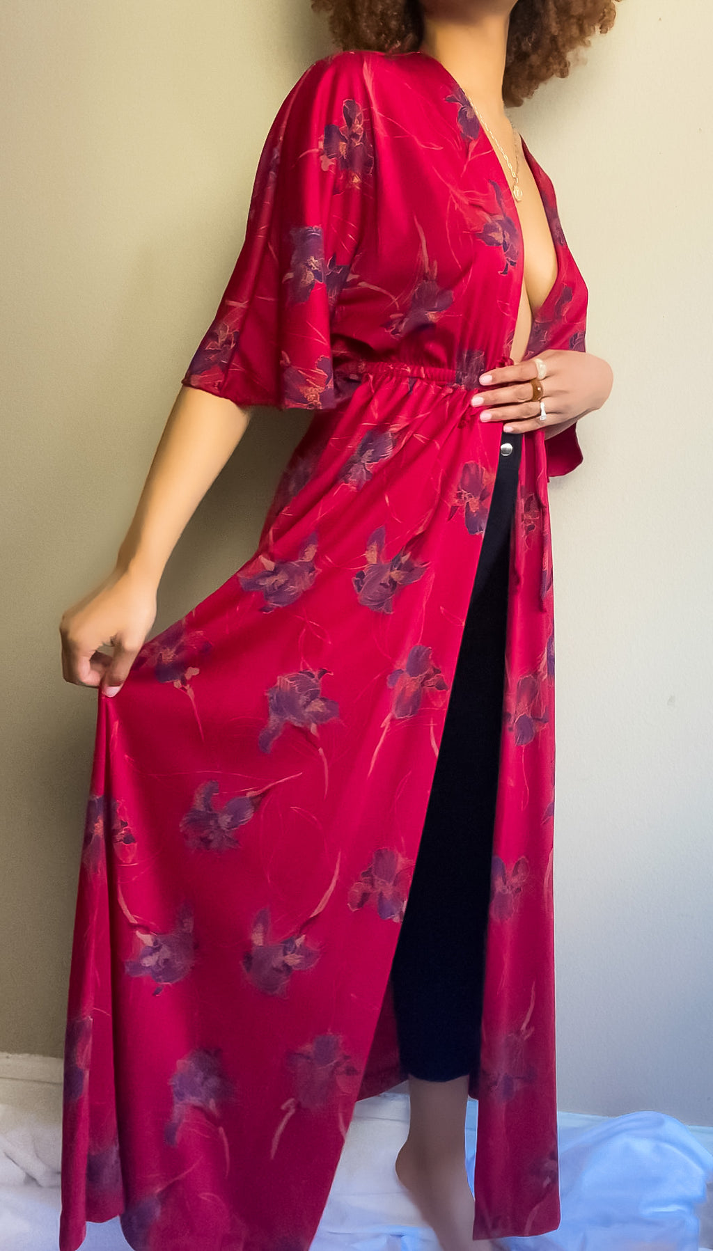 70s Vintage Bohemian Floral Long Robe Dress (S-M)
