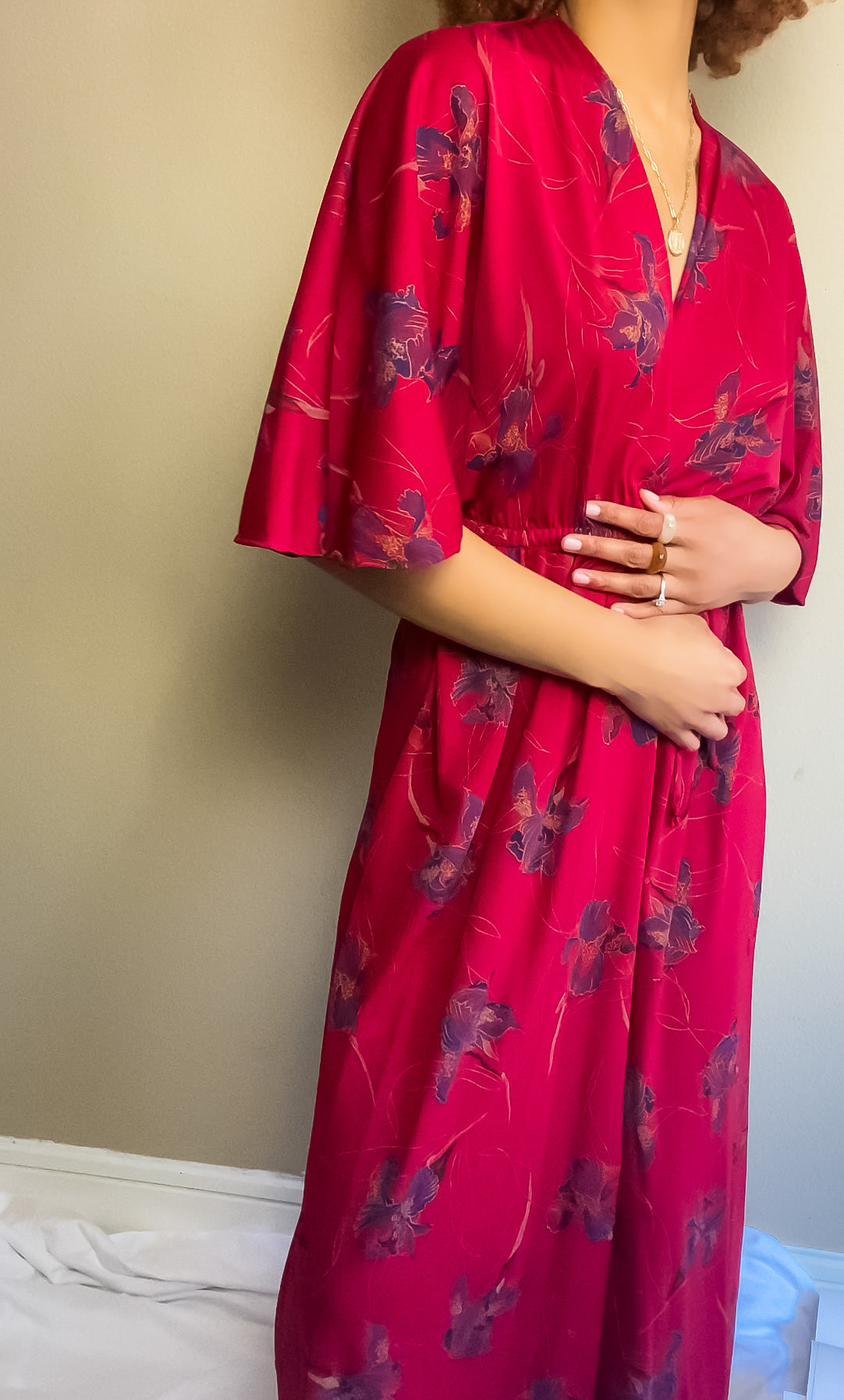 70s Vintage Bohemian Floral Long Robe Dress (S-M)