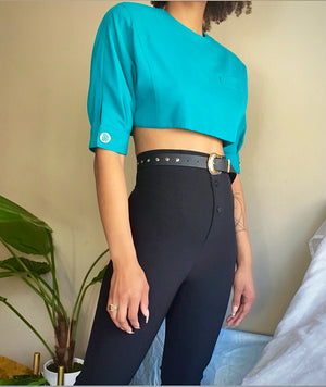 80’s Teal Shoulder Pad Tailored Crop Top Redesigned XS/S