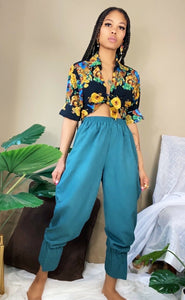 Vintage 80’s Teal Blue High Waisted Elastic Hem Crop Flare Pant (M)