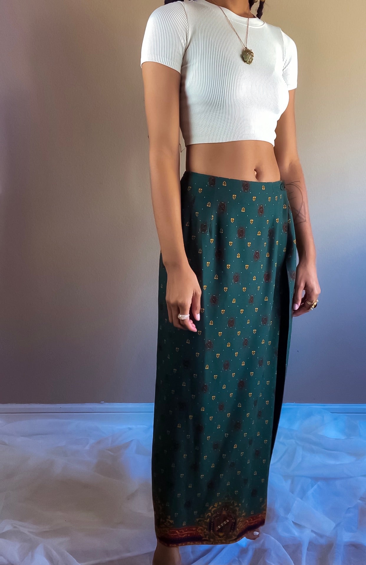 90s Boho Baroque Print Wrap Skirt - Small/ Medium, 28-29” | Vintage High Waist Crest Print Pattern Midi Skirt