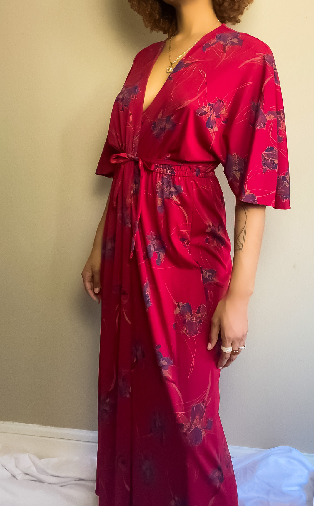 70s Vintage Bohemian Floral Long Robe Dress (S-M)