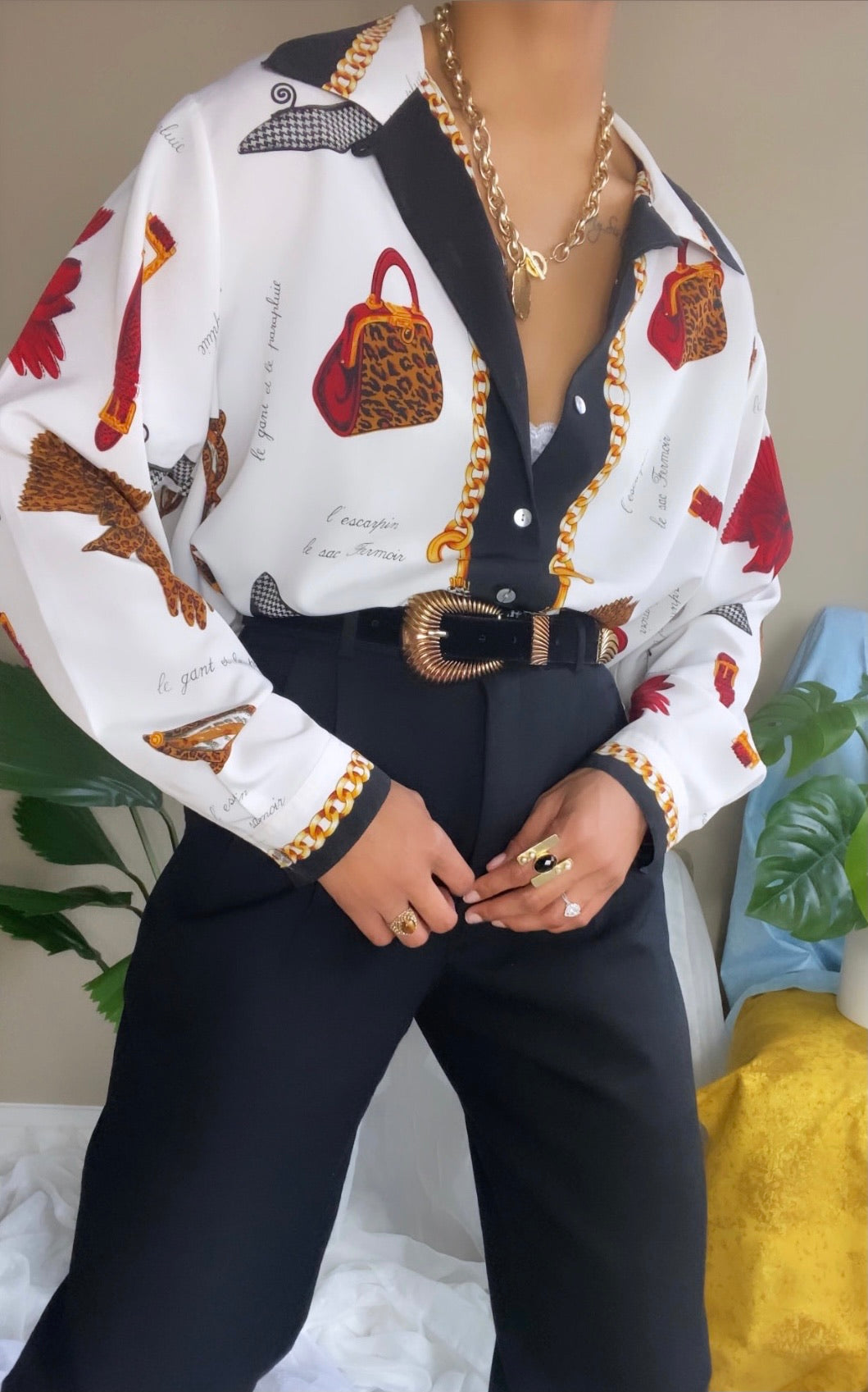 Vintage 90s Chain Print Blouse (XL)