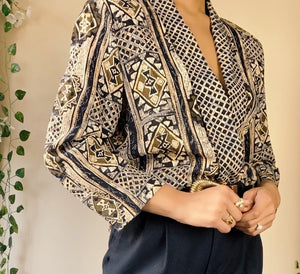 Vintage 80s Cotton BoHo Tribal Abstract Print Shawl Collar Jacket(8)