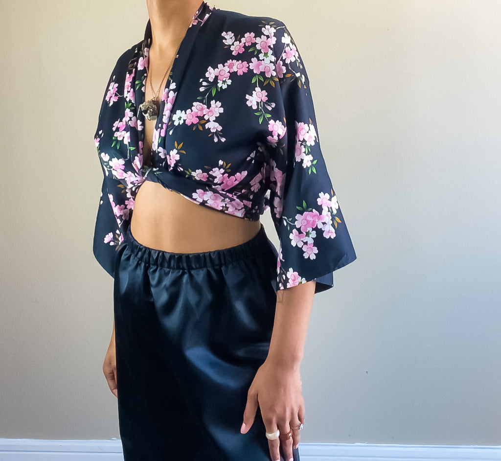 Redesigned Vintage Floral Cherry Blossom Crop Satin Tie Blouse (M/L)