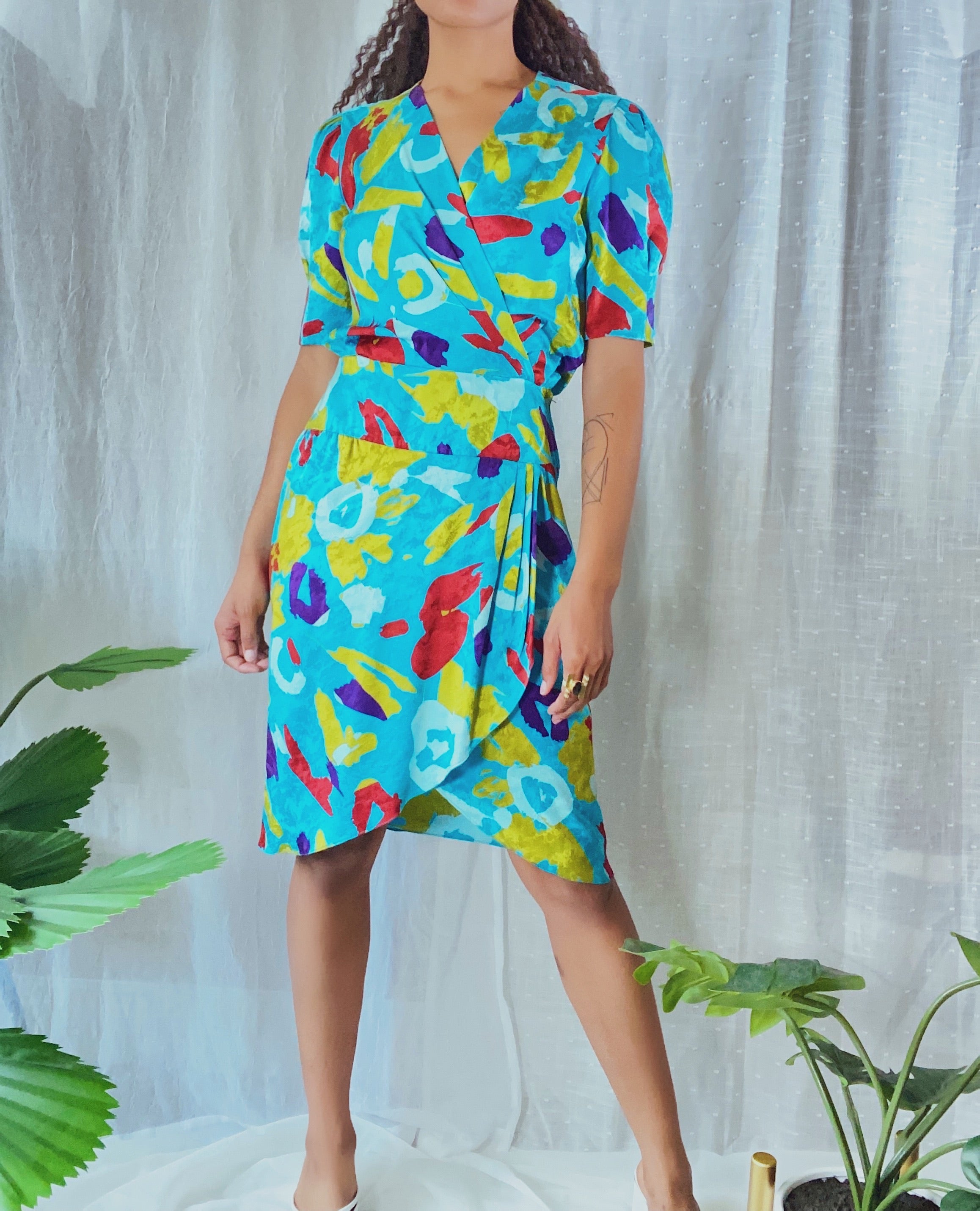 80’s Claiborne Abstract Print Midi Dress (6) Silk