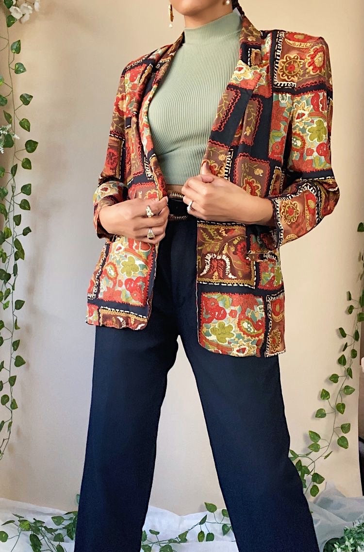 Vintage 80s Rayon Floral Boho Abstract Print Blazer (10)