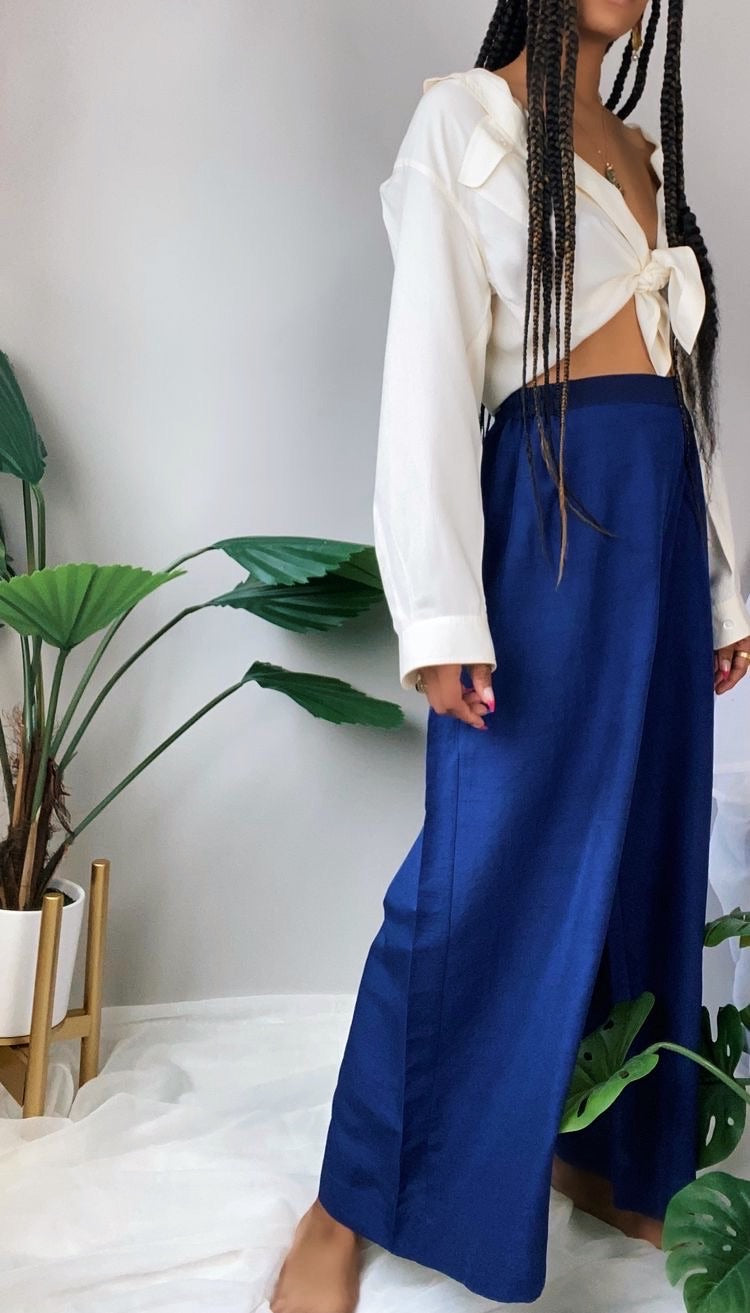 70’s High Waist Wide Leg Mid Crop Bohemian Navy Satin Pants M/L