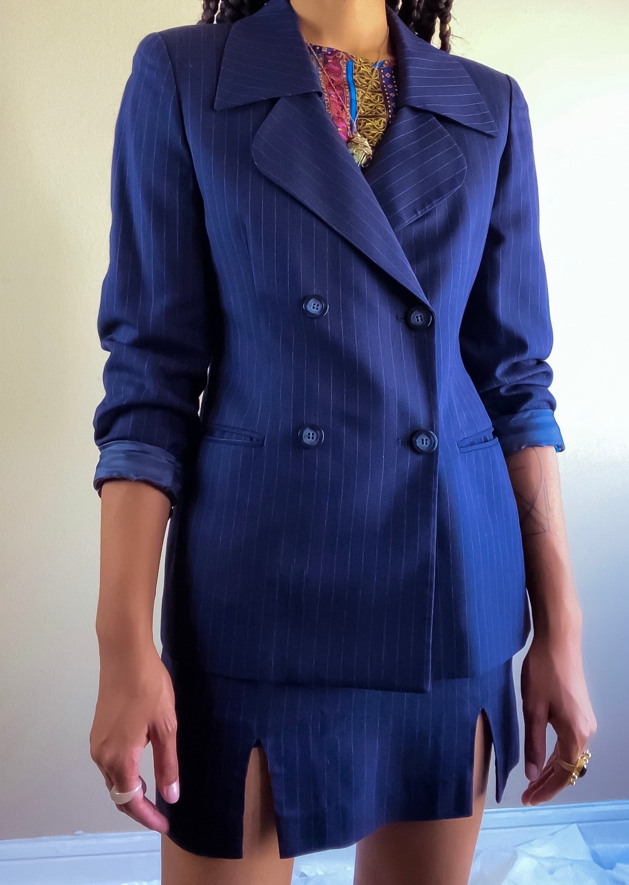 90s Women’s Navy and Orange Pinstripe Suit Set(S)