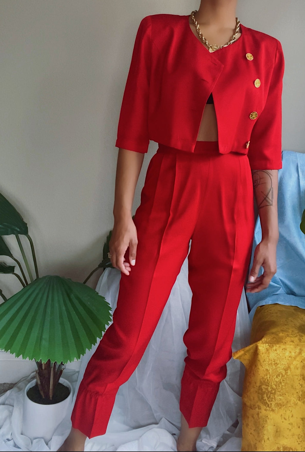 Redesigned Vintage 80’s Cherry Red Pants Suit Set (S)