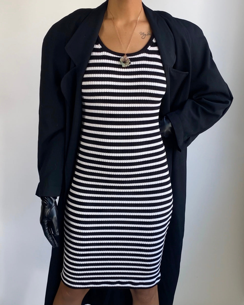 Vintage Striped Fitted Knit Midi Dress (S)