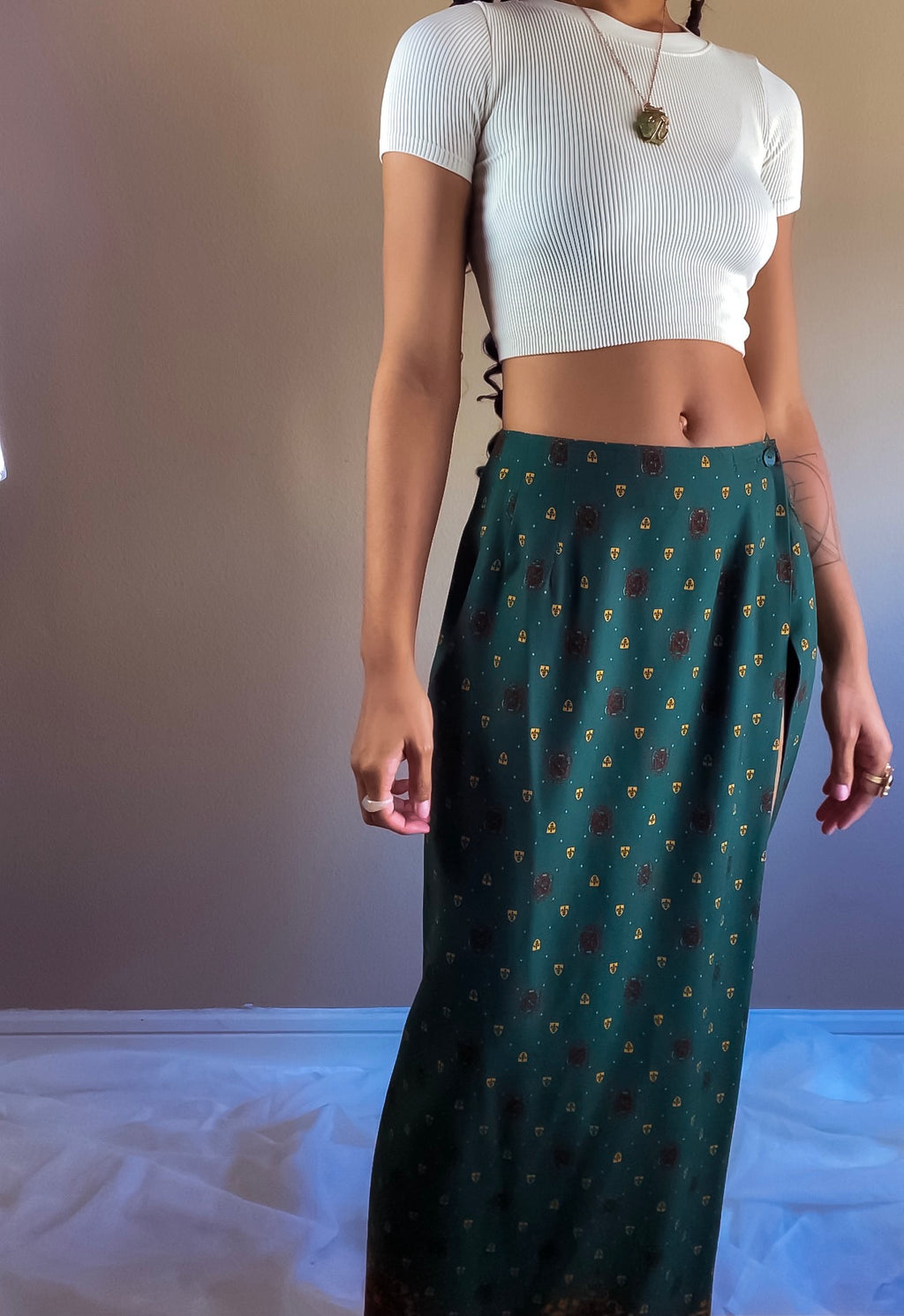 90s Boho Baroque Print Wrap Skirt - Small/ Medium, 28-29” | Vintage High Waist Crest Print Pattern Midi Skirt