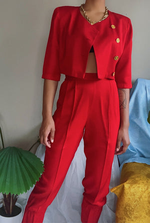 Redesigned Vintage 80’s Cherry Red Pants Suit Set (S)