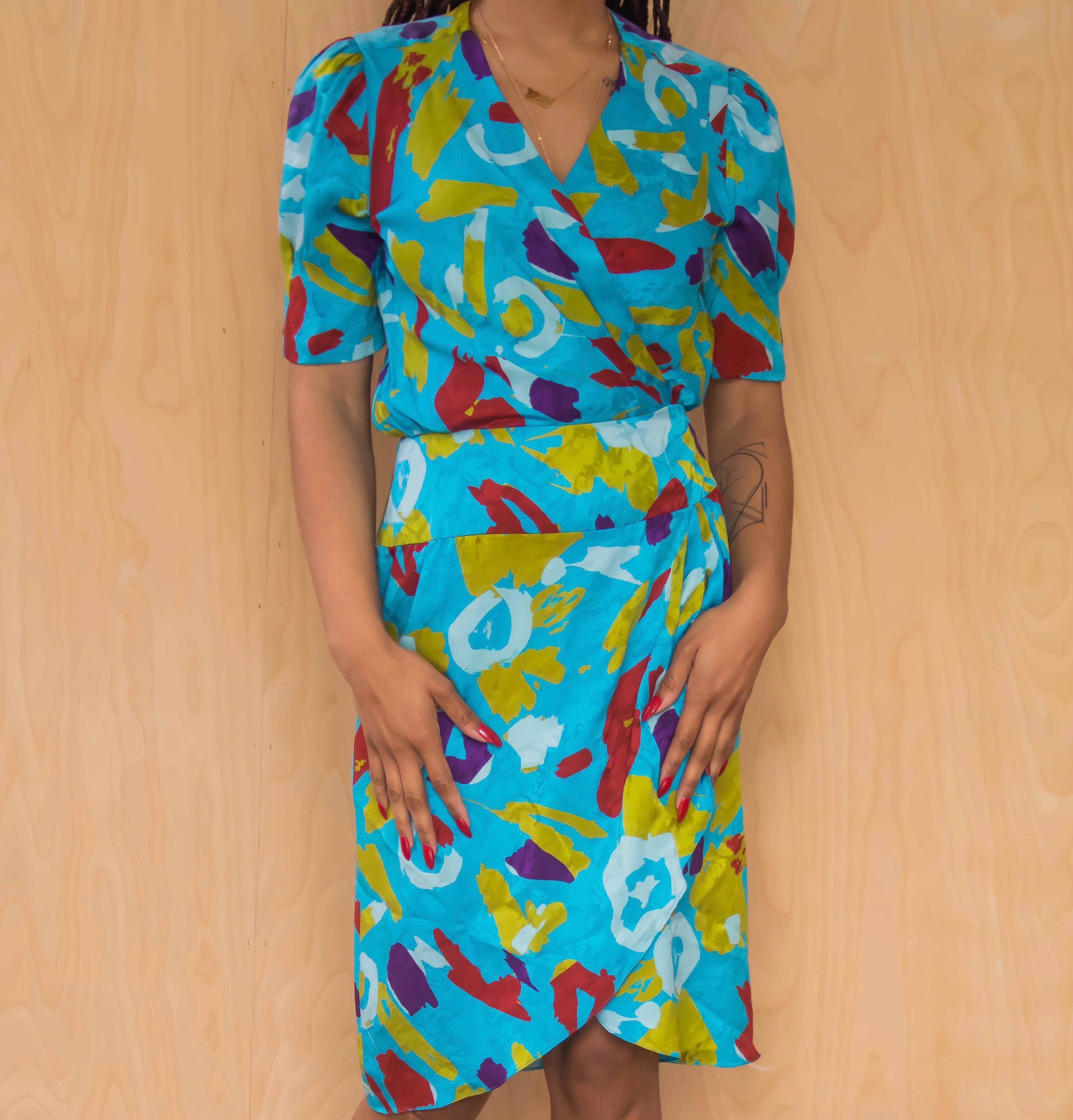 80’s Claiborne Abstract Print Midi Dress (6) Silk