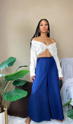 70’s High Waist Wide Leg Mid Crop Bohemian Navy Satin Pants M/L