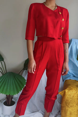 Redesigned Vintage 80’s Cherry Red Pants Suit Set (S)