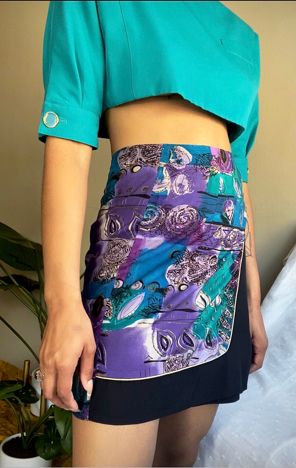 80’s Abstract Paisley Print Wrap Skirt Purple Multi  (S)