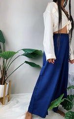 70’s High Waist Wide Leg Mid Crop Bohemian Navy Satin Pants M/L