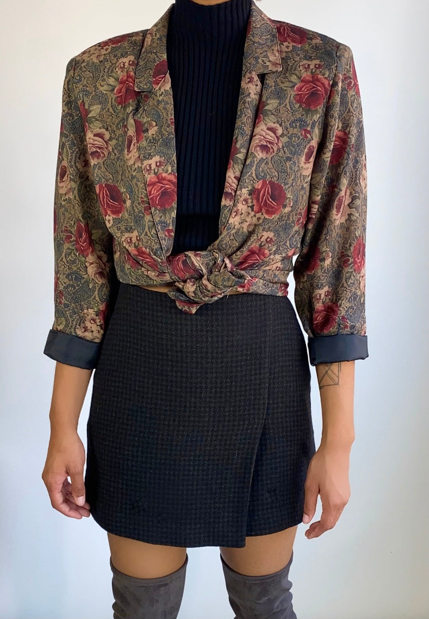 90s Floral Print Lapel Neck Blazer | Pattern Print Floral Blazer | Wool Blend Rose Print Jacket (L)