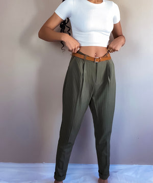 Vintage Olive Green Striped Trousers Tapered Ankle | Boyfriend Pants (M)