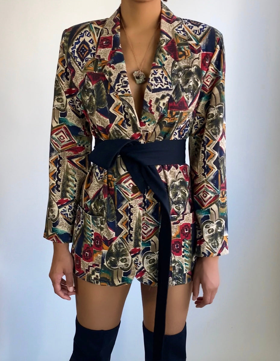 90s Abstract Print Lapel Blazer | Pattern Print Colorful Blazer | Vintage Print Jacket (M)