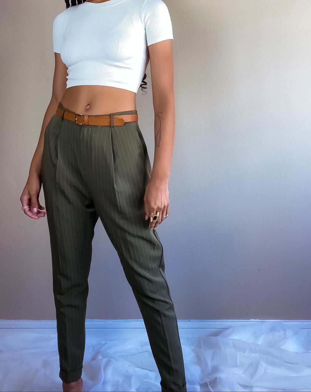 Vintage Olive Green Striped Trousers Tapered Ankle | Boyfriend Pants (M)