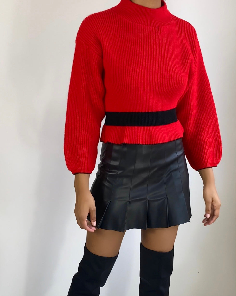 Vintage Peplum Sweater | Red Black Sweater | High neck sweater(S)