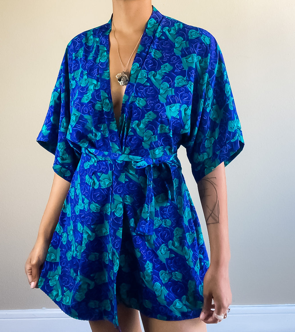 Vintage Kimono Wrap Robe Dress Floral Dresses (S-M)