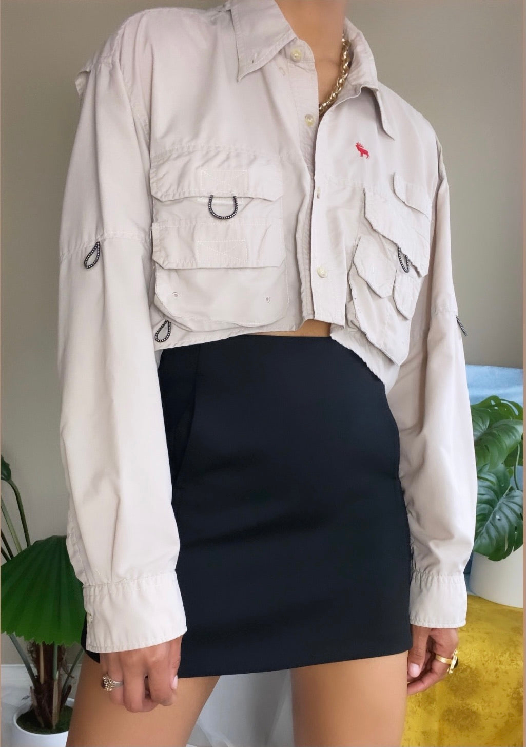 Redesigned Vintage Beige Nylon Utility Pocket Jacket Crop Windbreaker Lightweight XL