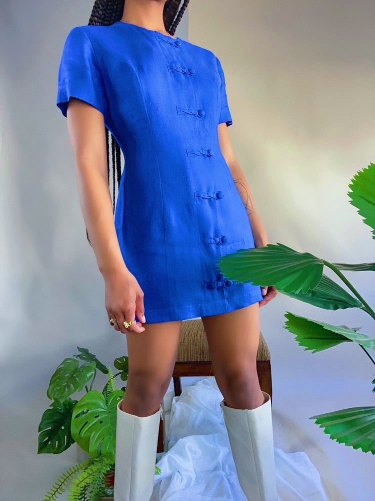 Victoria’ Vintage Blue Linen Mini Dress(S)**
