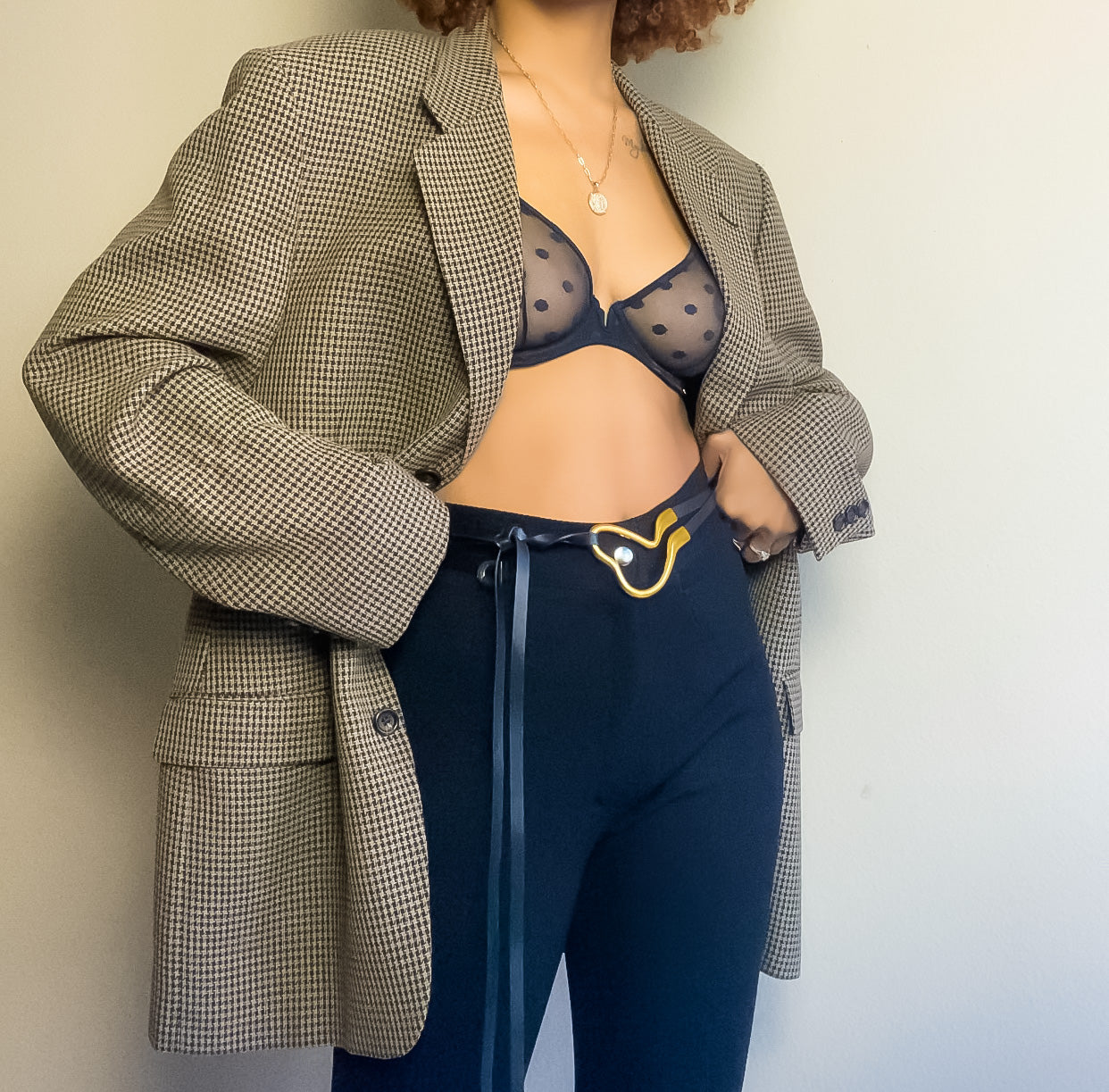 Vintage Taupe and Black Houndstooth Print Blazer (XL/XXL)