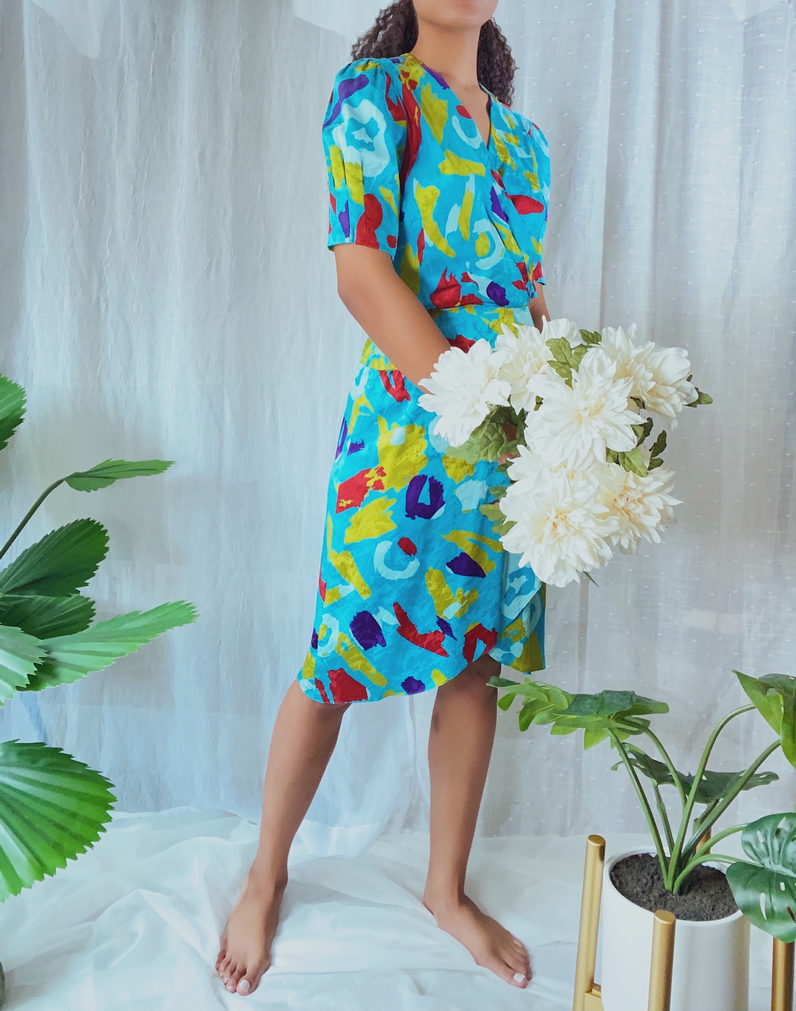 80’s Claiborne Abstract Print Midi Dress (6) Silk