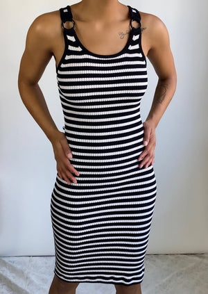 Vintage Striped Fitted Knit Midi Dress (S)