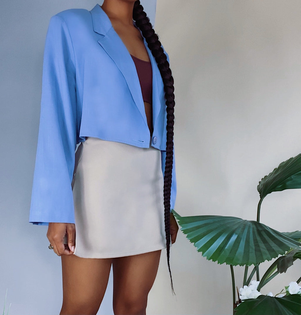 80s Vintage Soft Blue Crop Single Button Blazer (XL)