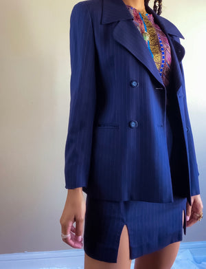 90s Women’s Navy and Orange Pinstripe Suit Set(S)