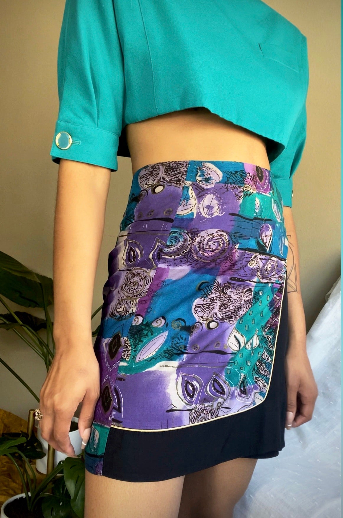 80’s Abstract Paisley Print Wrap Skirt Purple Multi  (S)