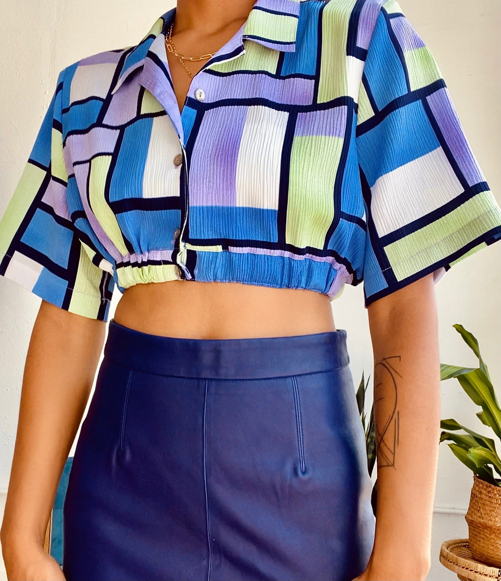 Redesigned Vintage Color Blocking Blue/Purple Multicolor Crop Top (S)