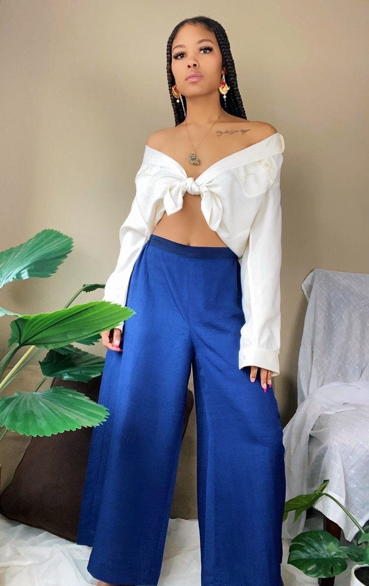 70’s High Waist Wide Leg Mid Crop Bohemian Navy Satin Pants M/L