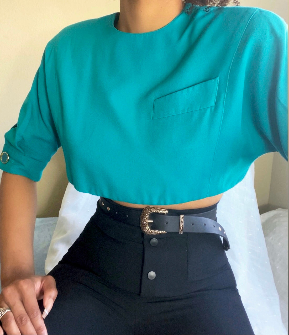 80’s Teal Shoulder Pad Tailored Crop Top Redesigned XS/S