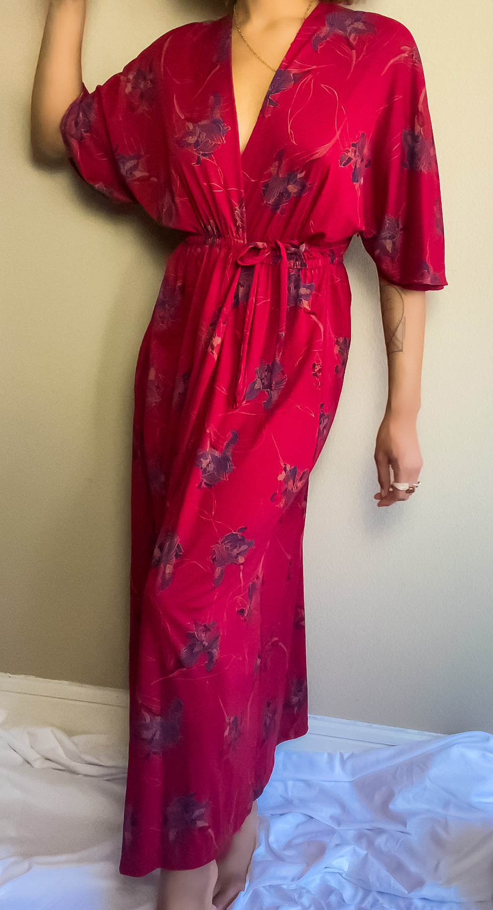 70s Vintage Bohemian Floral Long Robe Dress (S-M)