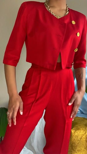 Redesigned Vintage 80’s Cherry Red Pants Suit Set (S)