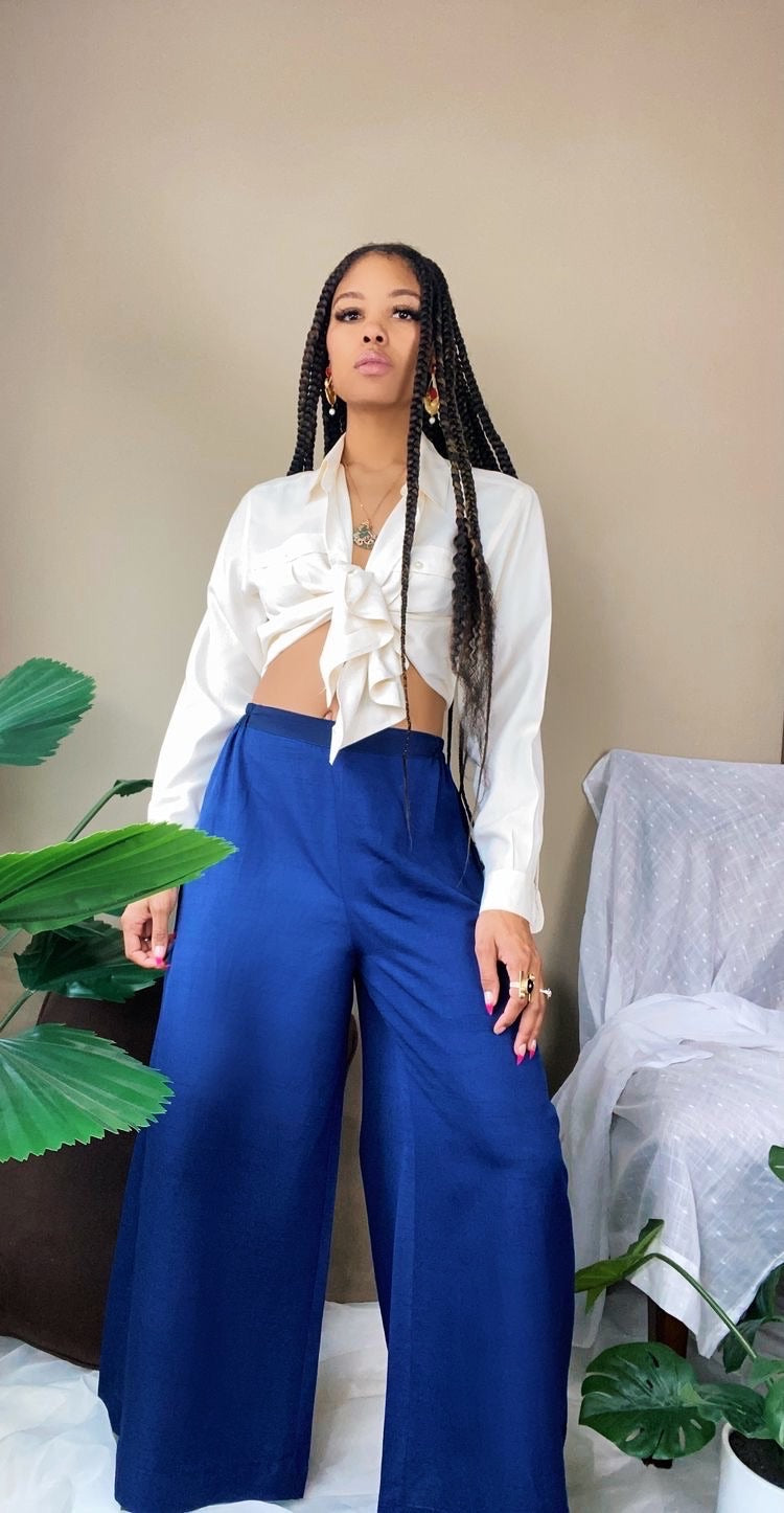 70’s High Waist Wide Leg Mid Crop Bohemian Navy Satin Pants M/L