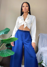 70’s High Waist Wide Leg Mid Crop Bohemian Navy Satin Pants M/L